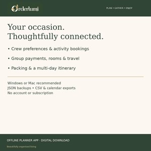 Peut inclure: Une publicit&eacute; en t&eacute;l&eacute;chargement num&eacute;rique pour l'application de planification hors ligne Orderlumi. Le texte indique : Your occasion. Thoughtfully connected. Les fonctionnalit&eacute;s incluent les pr&eacute;f&eacute;rences d'&eacute;quipage, les r&eacute;servations, les paiements.