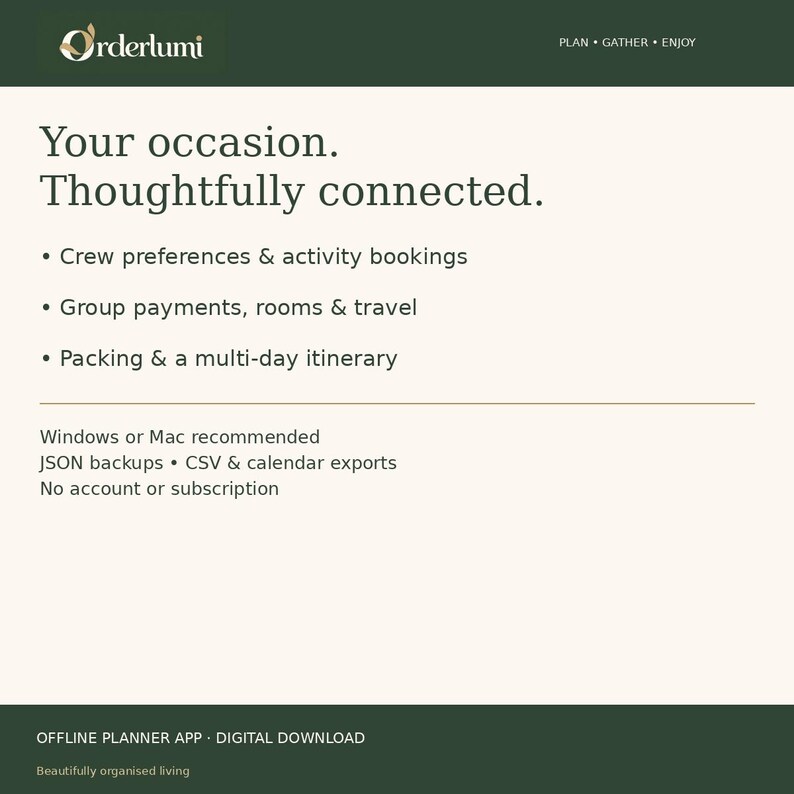 Peut inclure: Une publicit&eacute; en t&eacute;l&eacute;chargement num&eacute;rique pour l'application de planification hors ligne Orderlumi. Le texte indique : Your occasion. Thoughtfully connected. Les fonctionnalit&eacute;s incluent les pr&eacute;f&eacute;rences d'&eacute;quipage, les r&eacute;servations, les paiements.