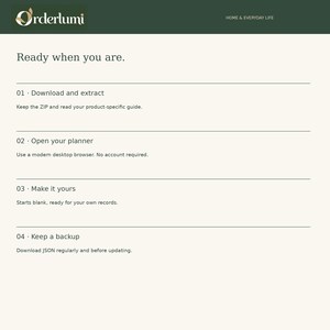 Op de afbeelding: Een digitale handleiding getiteld Orderlumi Home & Everyday Life met de kop Ready when you are. Het bevat vier stappen: 01 Download and extract, 02 Open your planner, 03 Make it yours en 04 Keep a backup met bijbehorende beschrijvende tekst.