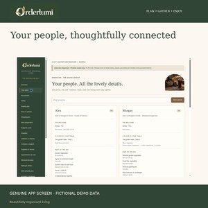 Peut inclure: Une interface num&eacute;rique pour l'application Orderlumi avec une barre lat&eacute;rale vert fonc&eacute; contenant des liens de navigation et une zone de contenu claire intitul&eacute;e Your people, thoughtfully connected. Elle affiche les d&eacute;tails des invit&eacute;s Alex et Morgan.
