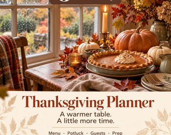 Thanksgiving-Planungs-App, Mitbring- und Essensvorbereitung, gemeinsame Gästeliste, visueller Sitzplan und ausdruckbare Tischkarten, digitaler Download
