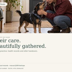 K&ouml;nnte beinhalten: Ein digitaler Welpen- und Hundeplaner mit dem Text: orderlumi, FOR THE LIFE YOU SHARE, Their care. Beautifully gathered. Training practice, health records and sitter handovers. Browser-local records, manual JSON backups, DIGITAL HTML DOWNLOAD.