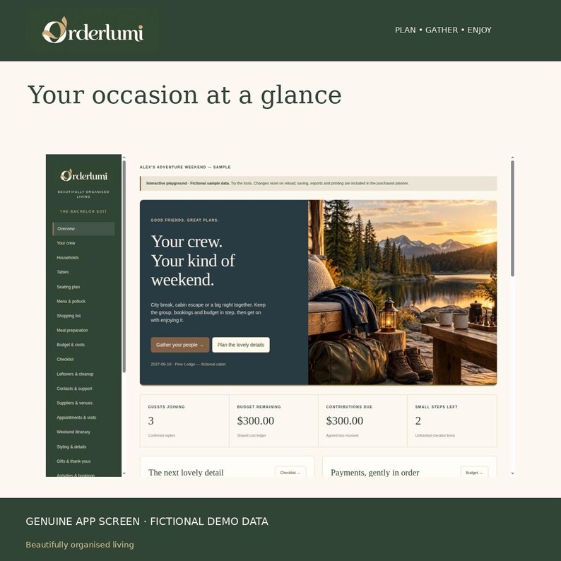 Peut inclure: Une interface num&eacute;rique pour l'application Orderlumi intitul&eacute;e Your occasion at a glance. L'&eacute;cran affiche un menu lat&eacute;ral, un tableau de bord avec le texte Your crew. Your kind of weekend, et une photo de lac au coucher du soleil.