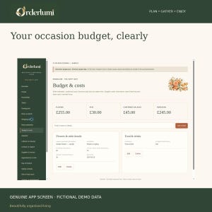 May include: A digital interface for the Orderlumi app showing a budget and costs dashboard. The screen displays financial columns for planned, paid, confirmed balance, and remaining amounts in pounds, alongside sections for flowers, table details, and food.