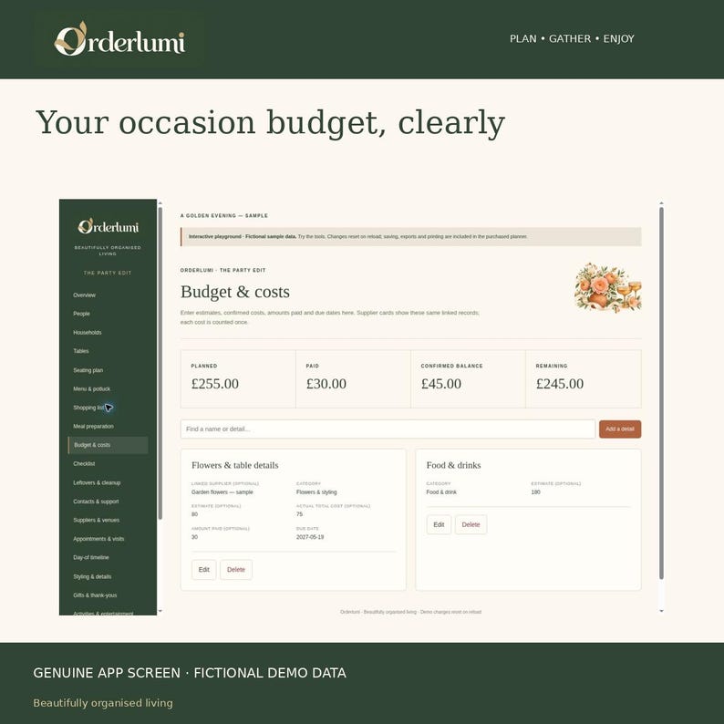 May include: A digital interface for the Orderlumi app showing a budget and costs dashboard. The screen displays financial columns for planned, paid, confirmed balance, and remaining amounts in pounds, alongside sections for flowers, table details, and food.