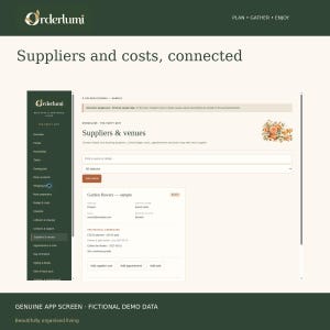 May include: A digital interface for the Orderlumi app showing a Suppliers and venues screen. The dark green sidebar lists navigation options. The main area displays fields for supplier details, contact information, and costs with a floral graphic.