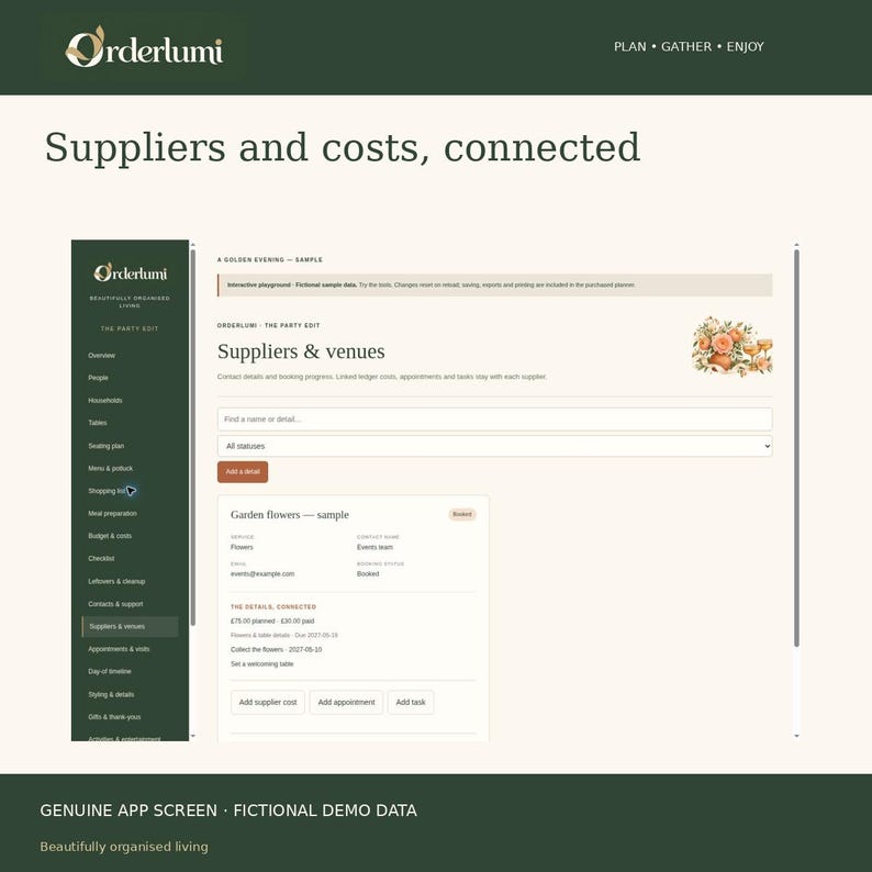 May include: A digital interface for the Orderlumi app showing a Suppliers and venues screen. The dark green sidebar lists navigation options. The main area displays fields for supplier details, contact information, and costs with a floral graphic.