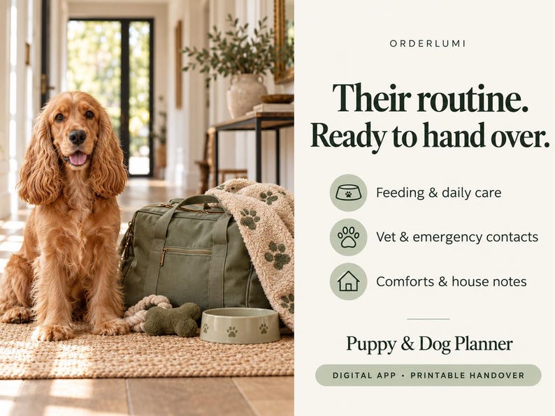 K&ouml;nnte beinhalten: Ein goldfarbener Spaniel sitzt neben einer olivgr&uuml;nen Reisetasche, einer beigen Decke mit Pfotenabdr&uuml;cken, einem knochenf&ouml;rmigen Spielzeug und einer Schale. Text: ORDERLUMI, Their routine. Ready to hand over. Feeding & daily care, Vet & emergency contacts, Comforts & house notes, Puppy & Dog Planner, DIGITAL APP &bull; PRINTABLE HANDOVER.