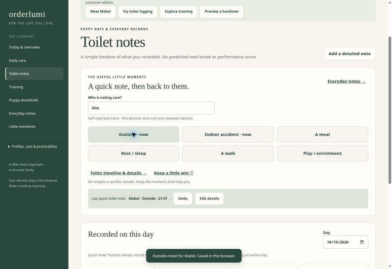 K&ouml;nnte beinhalten: Eine digitale Benutzeroberfl&auml;che f&uuml;r die Welpen-Tracking-Software Orderlumi mit dem Titel Toilet notes. Der Bildschirm zeigt Navigationsmen&uuml;s, Eingabefelder f&uuml;r Pflegeaufzeichnungen und Schaltfl&auml;chen zur Protokollierung von Aktivit&auml;ten.