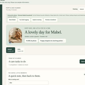 K&ouml;nnte beinhalten: Eine digitale Welpen- und Hundeplaner-Oberfl&auml;che namens Orderlumi, die ein Dashboard mit einer Seitenleiste, einen Profilbereich f&uuml;r einen goldenen Cocker Spaniel namens Mabel sowie Aufgabenverwaltungsmodule f&uuml;r die t&auml;gliche Pflege enth&auml;lt.