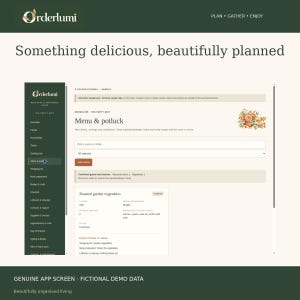 May include: A digital interface for the Orderlumi app displaying a menu and potluck planning screen. The layout features a dark green sidebar with navigation links and a main area showing a roasted garden vegetables recipe card.