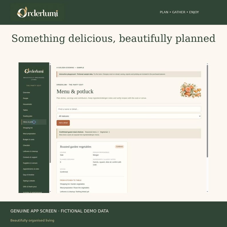 May include: A digital interface for the Orderlumi app displaying a menu and potluck planning screen. The layout features a dark green sidebar with navigation links and a main area showing a roasted garden vegetables recipe card.