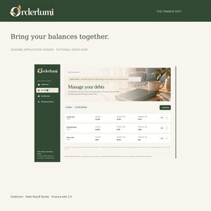 May include: A digital interface for the Orderlumi Debt Payoff Studio application. The screen displays a dashboard titled Manage your debts with a list of credit card, personal loan, and store card balances, interest rates, and monthly payments.