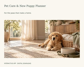 App voor huisdierverzorging, checklist voor nieuwe puppy's, dierenartsgegevens, routines en overdracht aan oppas, digitale download