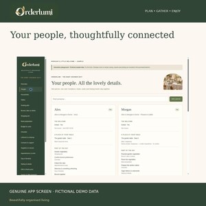 May include: A digital interface for the Orderlumi app showing a planning dashboard titled Your people. All the lovely details. The screen features a dark green sidebar menu and white content areas listing guest information for Alex and Morgan.