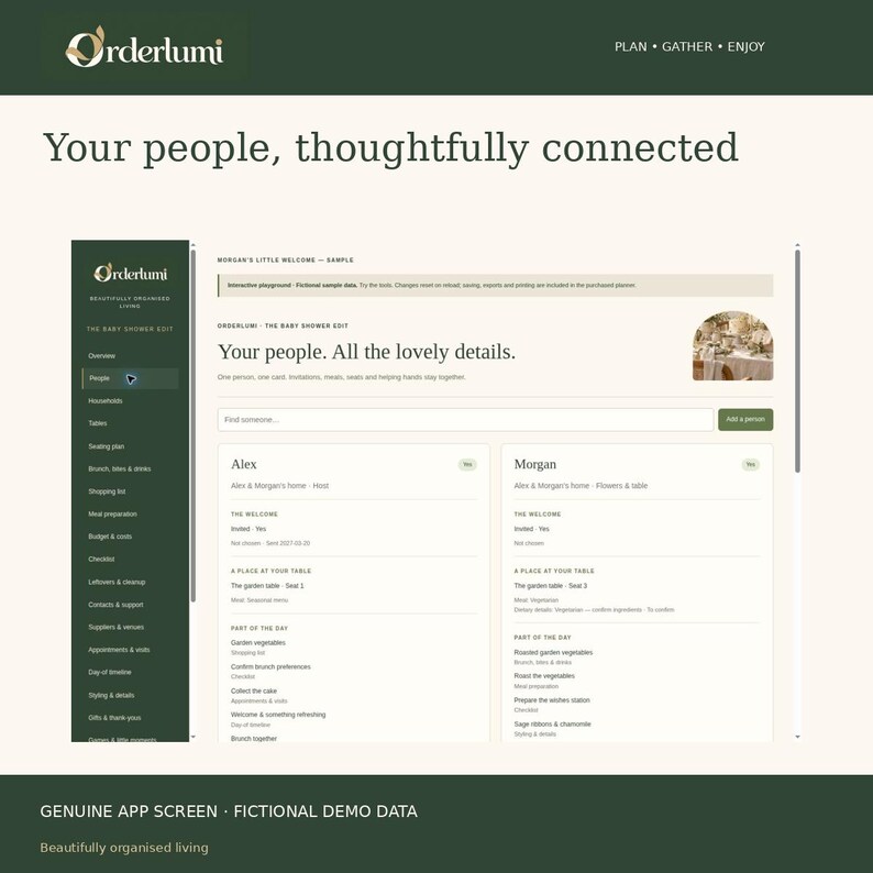 May include: A digital interface for the Orderlumi app showing a planning dashboard titled Your people. All the lovely details. The screen features a dark green sidebar menu and white content areas listing guest information for Alex and Morgan.