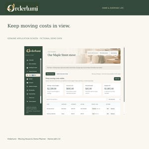 Op de afbeelding: Een digitale applicatie-interface genaamd Orderlumi met een dashboard voor verhuisbudgetten. Het scherm bevat een donkergroen zijmenu, een koptekst Our Maple Street move en een tabel voor het bijhouden van kosten.