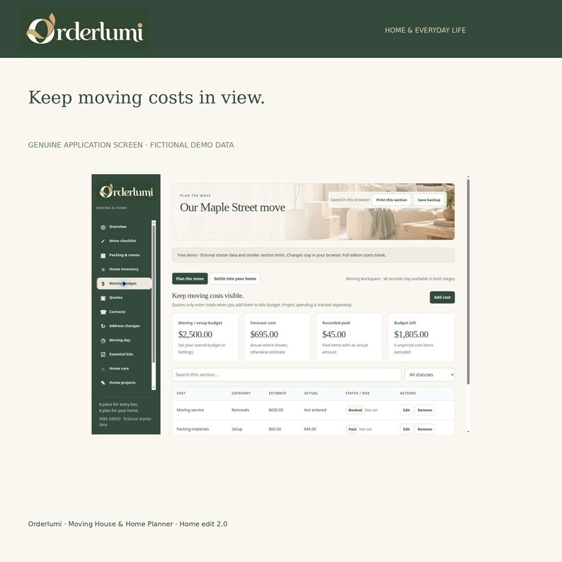 Op de afbeelding: Een digitale applicatie-interface genaamd Orderlumi met een dashboard voor verhuisbudgetten. Het scherm bevat een donkergroen zijmenu, een koptekst Our Maple Street move en een tabel voor het bijhouden van kosten.