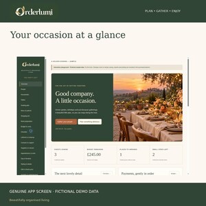 May include: A digital interface for the Orderlumi event planning application, featuring a dark green sidebar menu, a dashboard with event summary statistics, and a hero image of an outdoor dinner party at sunset with the text Good company. A little occasion.