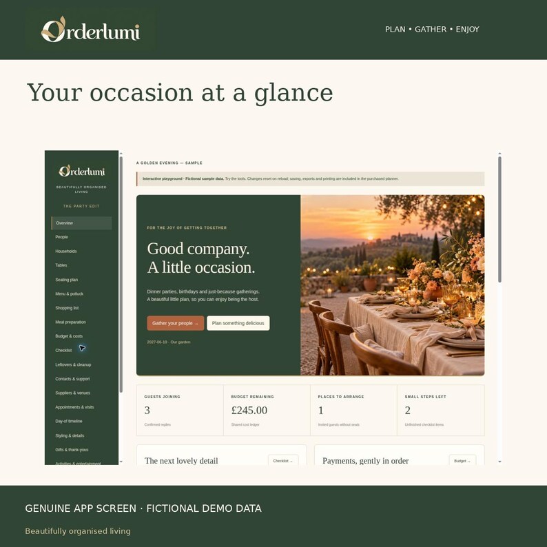 May include: A digital interface for the Orderlumi event planning application, featuring a dark green sidebar menu, a dashboard with event summary statistics, and a hero image of an outdoor dinner party at sunset with the text Good company. A little occasion.