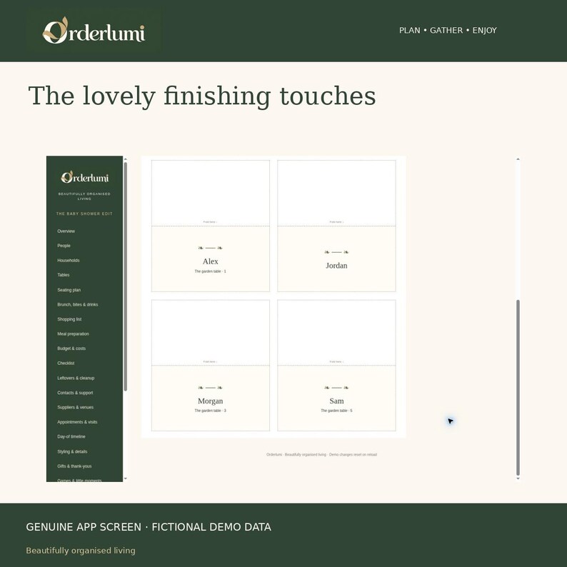 May include: A digital interface screen titled The lovely finishing touches featuring the Orderlumi logo and a sidebar menu. The main area displays four rectangular cards with names Alex, Jordan, Morgan, and Sam, each labeled The garden table.