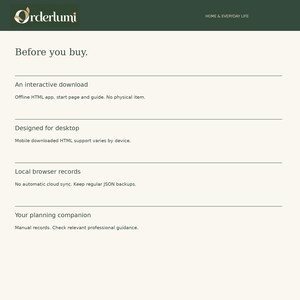 Op de afbeelding: Een digitale informatiepagina met de titel Before you buy en het Orderlumi-logo. Het bevat details voor een interactieve download, desktopontwerp, lokale browserrecords en een planningsgenoot zonder fysiek item.