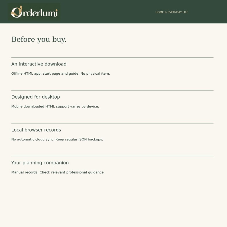 Op de afbeelding: Een digitale informatiepagina met de titel Before you buy en het Orderlumi-logo. Het bevat details voor een interactieve download, desktopontwerp, lokale browserrecords en een planningsgenoot zonder fysiek item.