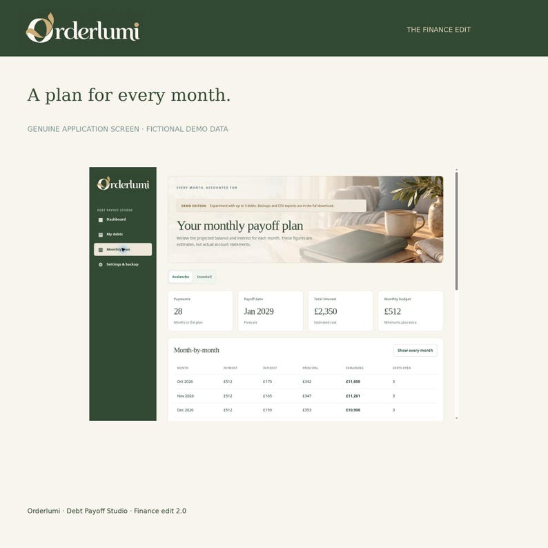 May include: A digital interface for Orderlumi Debt Payoff Studio displaying a monthly payoff plan. The screen features a dark green sidebar, a dashboard with financial data, a payoff date of Jan 2029, and a month-by-month payment table.