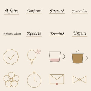 Peut inclure: Un ensemble d'icônes et d'étiquettes pour agenda numérique dans une palette de tons beige clair. Le texte inclut À facturer, À faire, Confirmé, Facturé, Jour calme, Priorité, RDV, Relance client, Reporté, Terminé, Urgent et Visio avec divers symboles.