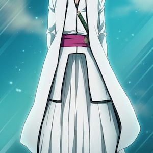 May include: A digital illustration of a character with brown hair wearing a long white coat with black trim over a white shirt and pleated white trousers. A magenta sash is tied around the waist, and a sword with a green hilt is tucked into the sash.