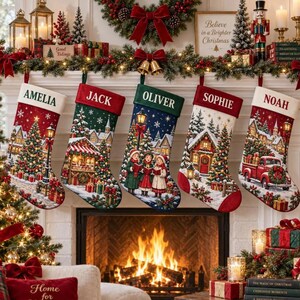 Personalized Christmas Stocking with Name, Custom Name Patchwork Holiday Folk Art, Christmas Tree Hanging Decor