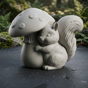 Könnte beinhalten: Eine matte hellgraue Figur, die ein Eichhörnchen mit buschigem Schwanz zeigt, das einen großen Pilz umarmt. Der Pilzhut weist kreisförmige Vertiefungen auf der Oberfläche auf, und das Eichhörnchen hat eine detaillierte Fellstruktur und geschlossene Augen.