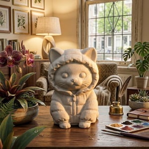 Op de afbeelding: Een lichtbeige, mat getextureerd beeldje van een kat die een donsjack met capuchon draagt. De kat heeft grote, ronde ogen, kleine oren en een zichtbaar ritsdetail op het jack. Het figuurtje staat rechtop op een houten ondergrond.