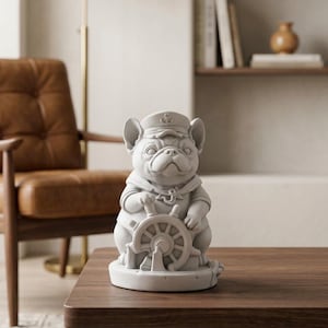 Op de afbeelding: Een mat lichtgrijs beeldje van een Franse bulldog verkleed als zeeman, met een pet met een ankerembleem en een matrozenkraag. De hond staat achter een scheepsroer op een ronde voet en heeft een gladde, effen afwerking.