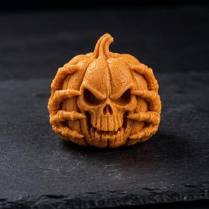 Può includere: Un oggetto arancione a forma di zucca che presenta un volto a teschio intagliato con orbite profonde e denti in vista, circondato da strutture simili a mani scheletriche sui lati, con una superficie testurizzata e un piccolo stelo.