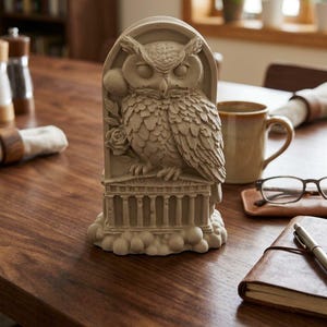 Può includere: Una statuetta di gufo scolpita color beige, appollaiata sopra una struttura architettonica in miniatura con colonne. Il gufo è posizionato davanti a un arco arrotondato, con un piccolo dettaglio a forma di rosa a sinistra e una base nuvolosa.