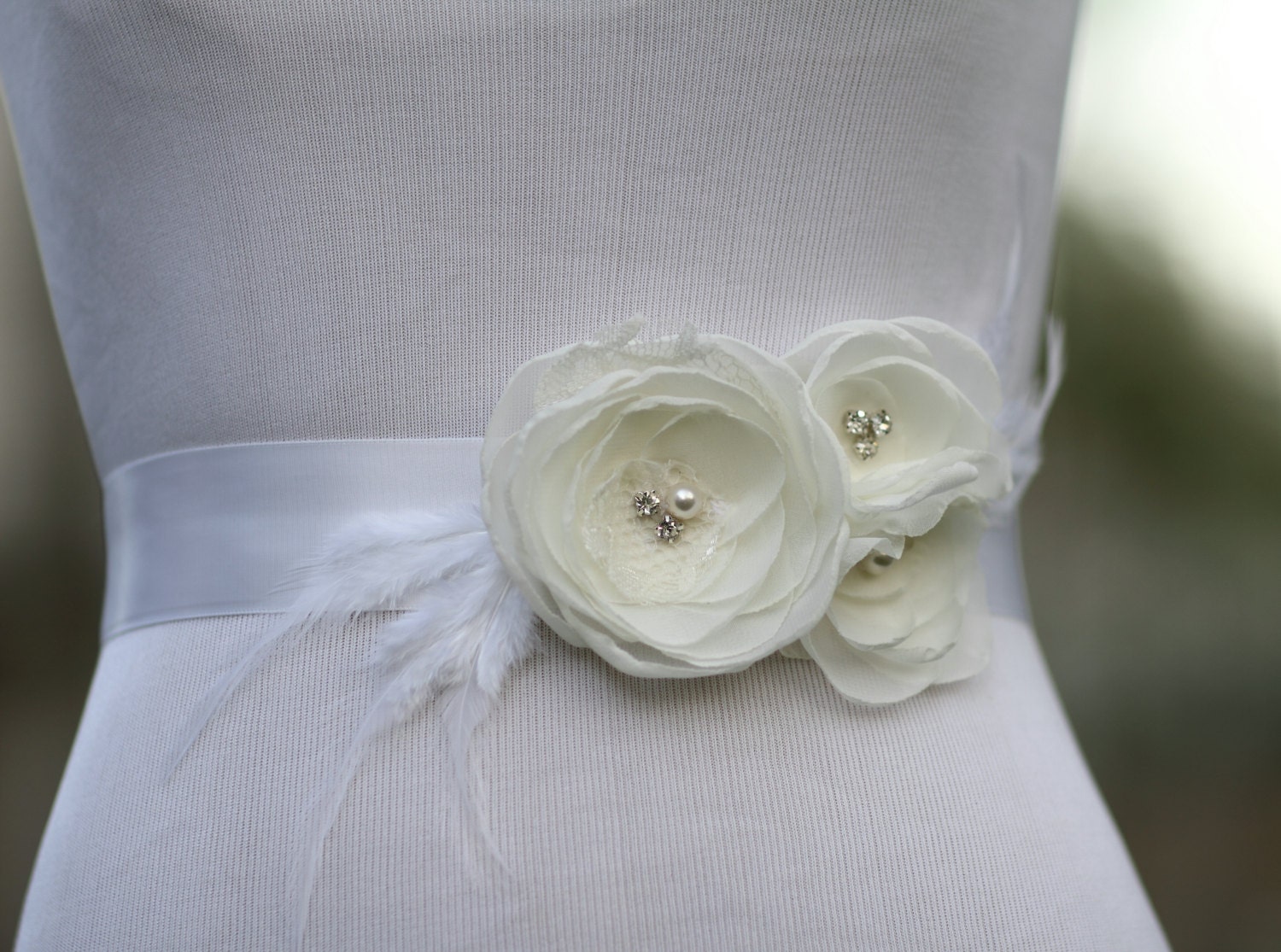 Wedding Flower Dress Sash. Bridal Light Ivory Sash Flora_Sash-  main image 3