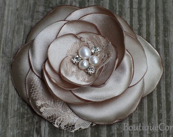 Bridesmaid Hair Flower - Bridal Hair Accessory - Champagne  Flower clip - Satin Flower - Rhinestone - Freshwater Pearls -  Wedding Hair