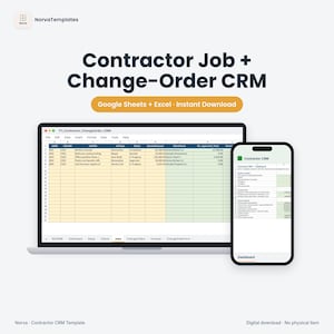 May include: A digital Contractor Job and Change-Order CRM template for Google Sheets and Excel. The display shows a spreadsheet interface with columns for job details, status, and amounts, alongside a mobile view of a dashboard summary.