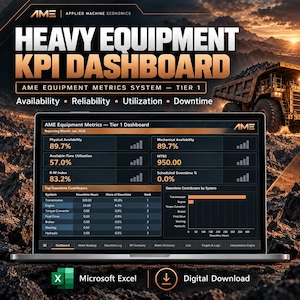 May include: A laptop screen displaying the AME Heavy Equipment KPI Dashboard, featuring metrics like Physical Availability at 89.7%, Mechanical Availability at 89.7%, and Available-Time Utilization at 57.0%. The interface includes tables for Top Downtime Contributors and a bar chart for Downtime Contributors by System.
