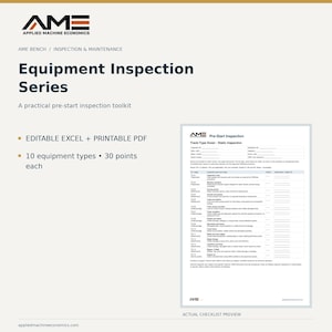 Könnte beinhalten: Ein Ausrüstungs-Inspektions-Toolkit mit bearbeitbaren Excel- und druckbaren PDF-Dateien. Es umfasst 10 Gerätetypen mit je 30 Prüfpunkten und zeigt eine Vorab-Inspektions-Checkliste für einen Planierraupen-Typ.