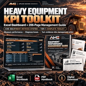 May include: A Heavy Equipment KPI Toolkit featuring an Excel dashboard on a laptop screen, a 206-page Equipment Performance Management Guide, and three reference cards labeled Quick Start Guide, KPI Formula Quick Reference, and Executive Decision Matrix.