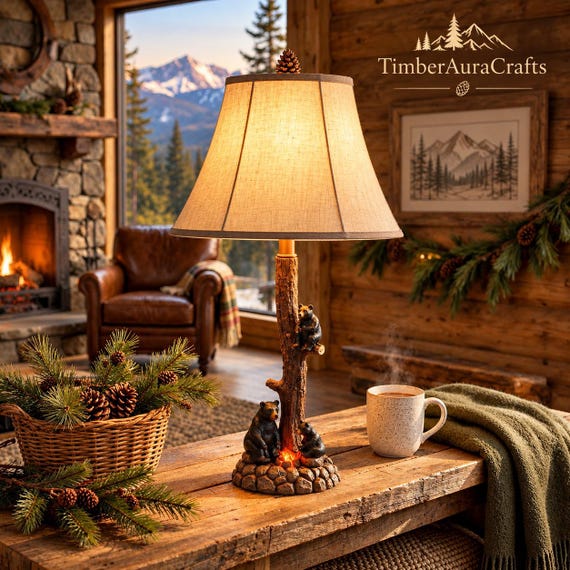 Handcrafted Bear Family Tree Lamp, Campfire Nightlight, Oatmeal Linen Shade (26" H)