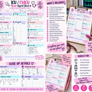 Può includere: Un foglio di rapporto infermieristico ICU/CVICU stampabile con sezioni per dati del paziente, neuro, segni vitali, cardiaco, emodinamica, respiratorio, laboratori, pelle e mobilità. Il documento utilizza uno schema di colori rosa, blu e bianco.
