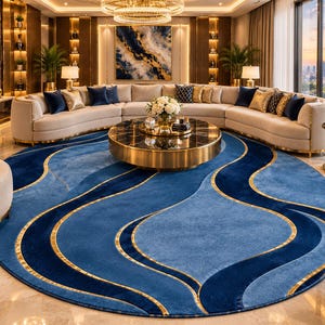 Peut inclure: Un grand tapis circulaire présentant un dégradé de tons bleus dans un motif abstrait ondulé. Le design est accentué par de fines lignes dorées incurvées qui suivent les contours des vagues, créant un contraste net avec le tissu bleu.