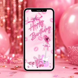 Può includere: Uno smartphone che mostra uno sfondo digitale rosa con il testo Happy Birthday in un carattere neon, un grande fiocco di raso, un cappello da cowboy rosa, una chitarra elettrica bianca, cuffie rosa e stampe di labbra.