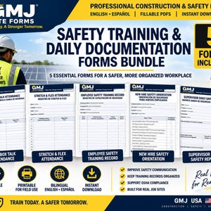 Op de afbeelding: Een bundel van vijf professionele bouw- en veiligheidsformulieren, waaronder Toolbox Talk Attendance, Stretch & Flex Attendance, Employee Safety Training Record, New Hire Safety Orientation en Supervisor Daily Safety Report in het Engels en Spaans.