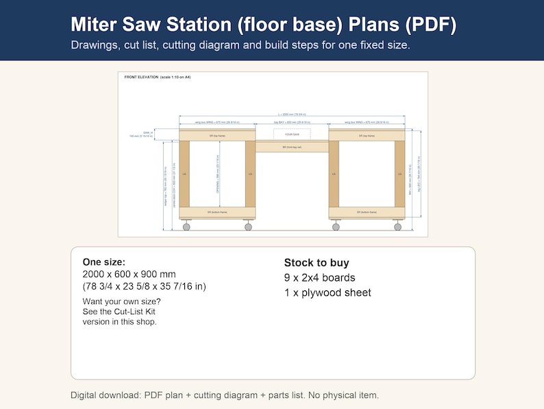 Miter Saw Station Plans PDF, 2000x600x900 Mm, 2x4 and Plywood, Cut List ...
