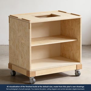 May include: A light-coloured wooden storage cart with an open front, one interior shelf, and four swivel castors. The top surface features a rectangular cutout. Text at the bottom reads: AI visualisation of the finished build at the default size, made from this plan's own drawings. Not a photograph of a built example. You receive the plans, cutting diagram and out-list calculator (digital download).