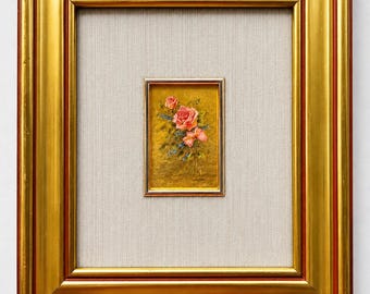 Lithographie florale vintage sur feuille d'or 23 carats, art de la rose française, art mural botanique encadré